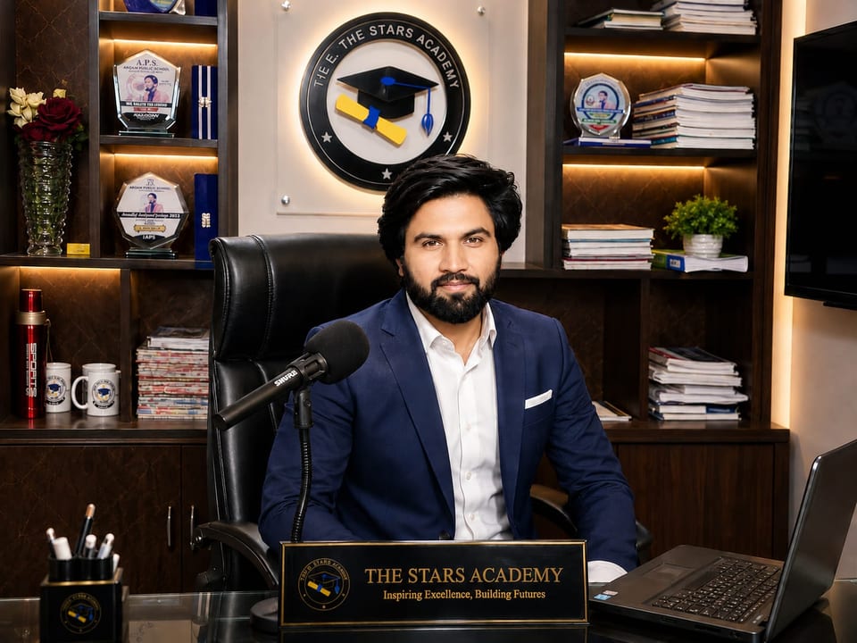 Muhammad Saleem, Founder & Director of APS School & The Future Stars Academy, seated at his desk in the school office.